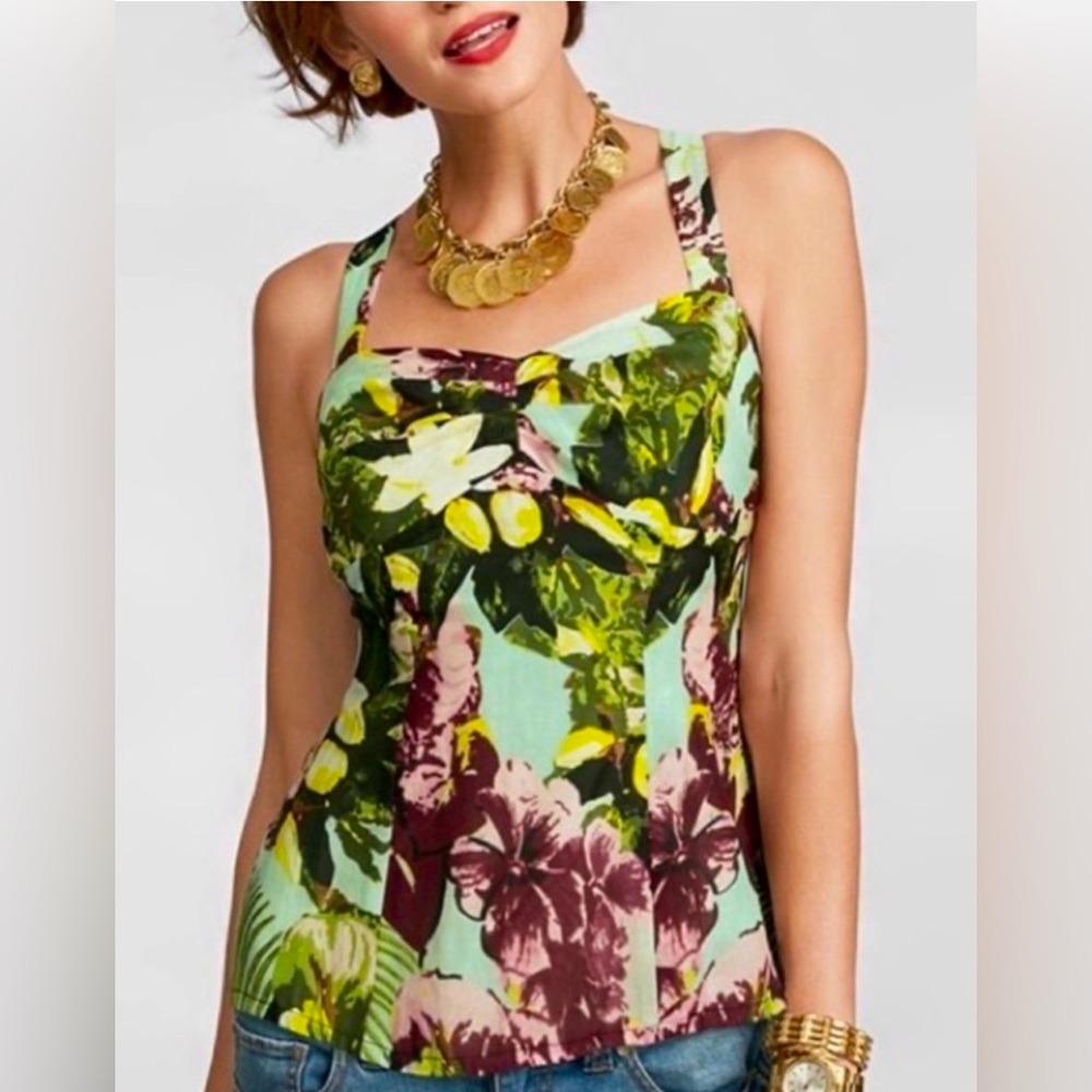 CAbi #340 Top Sleeveless Tropical Adjustable Strap Tank